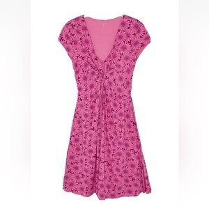 Garnet Hill Twist Front Jersey Dress PINK Floral Cap Sleeve V- Neck Size 10
